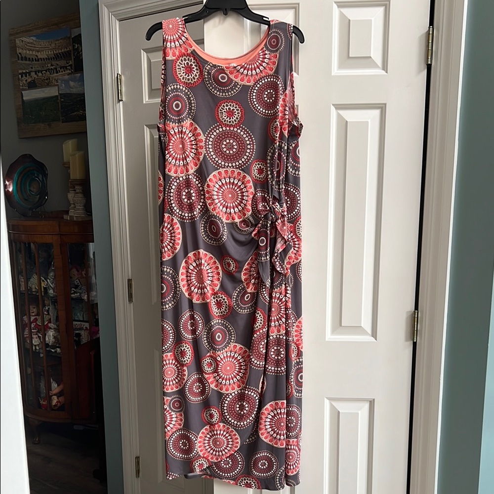 Stylish Sleeveless Grey Dress with fun Orange and White Patterns